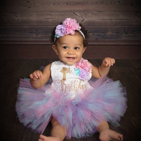 1st Birthday girl Outfit, pink aqua lavender birthday tutu, 1st birthday Romper, pastel birthday set, 1st birthday unicorn smash cake outfit