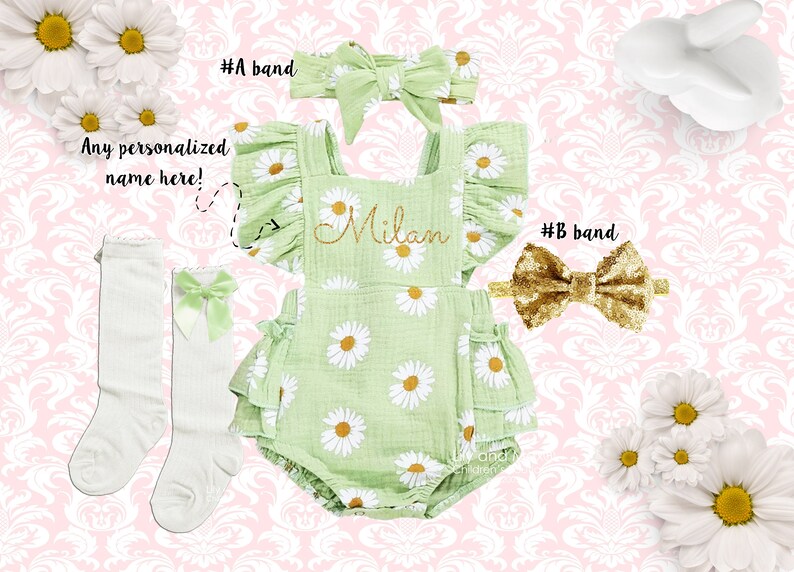 1st birthday baby girl outfit Personalized baby girl romper Summer boho daisy girl romper Outfit Monogrammed romper green romper girls
