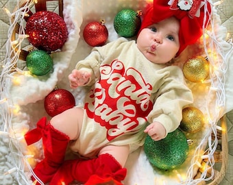 Christmas Romper, Retro Santa Sweatshirt with Cotton Bubble Shorts