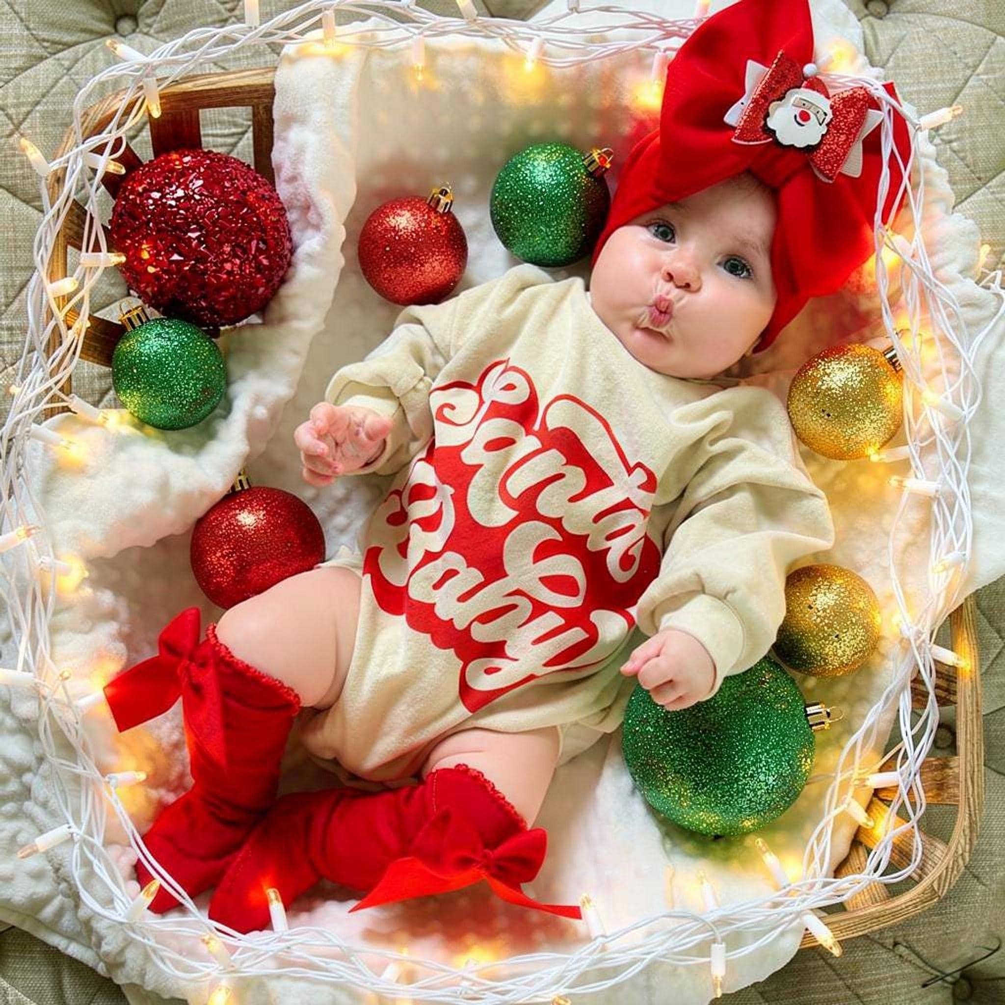 Christmas Romper, Retro Santa Sweatshirt with Cotton Bubble Shorts