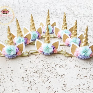 Unicorn headband, pastel colors and gold unicorn headband,unicorn party favor headband, gold glitter elastic unicorn birthday favor headband