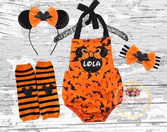 Halloween Romper, Personalized Orange black mouse bats Outfit Set with Headband