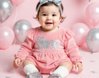 Winter ONEderland 1st Birthday Outfit: Silver Snowflake Velvet Romper