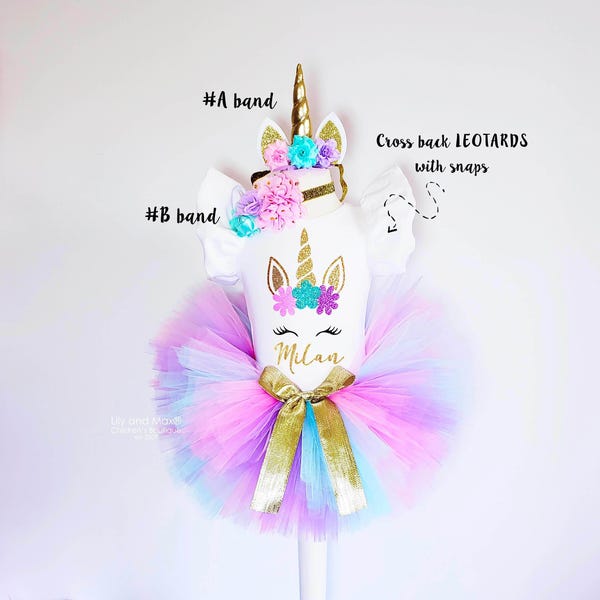 Conjunto de cumpleaños de unicornio personalizado con tutú rosa lavanda aguamarina y diadema dorada.