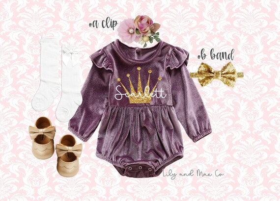 Retro Velour Stamped Baby Romper - Scarlett Retro Velour Stamped Baby Romper - Scarlett