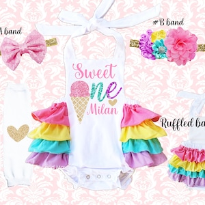 Rainbow Ice Cream Romper: First Birthday Outfit, Sequin Headband