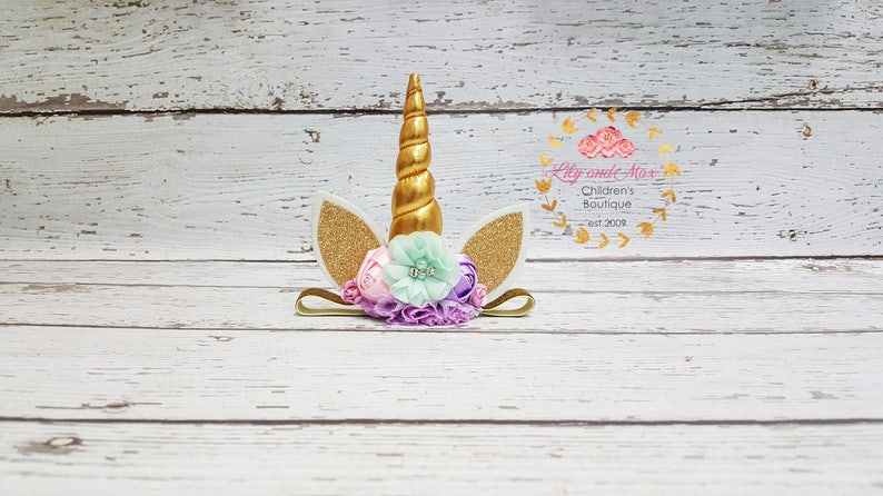 Unicorn headband, pastel colors and gold unicorn headband, unicorn party headband, gold glitter elastic unicorn headband image 7