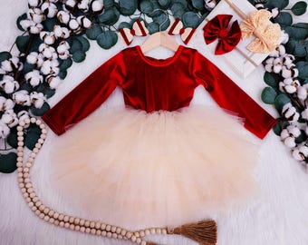 Christmas Girl Dress, Red Velvet Top with Ivory Tulle Skirt and Bow Back