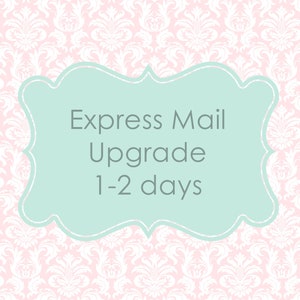 May include: A light blue and white decorative label with the text "Express Mail Upgrade 1-2 days" on a pink and white damask background.