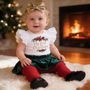 1st Christmas Girl Outfit: Floral Velvet Skirt Set image 1