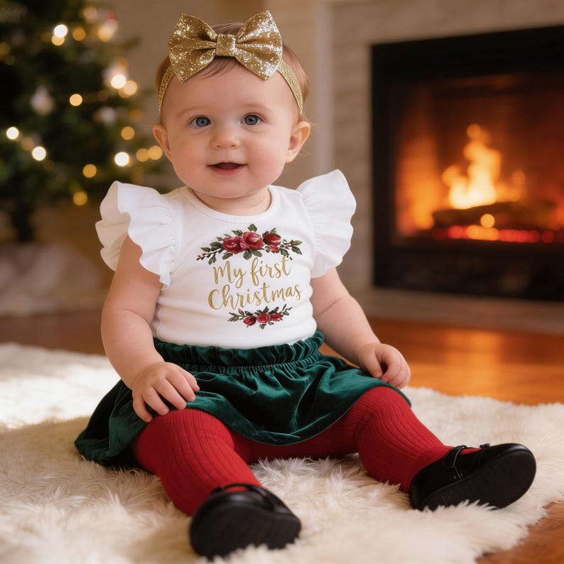 1st Christmas Girl Outfit: Floral Velvet Skirt Set image 1