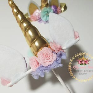 Unicorn headband, pastel colors and gold unicorn headband, unicorn party headband, gold glitter elastic unicorn headband image 7