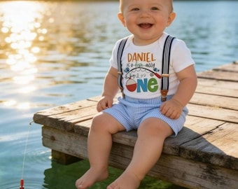 Boy Birthday Outfit, Personalized Bodysuit With Seersucker Shorts And Adjustable Suspenders