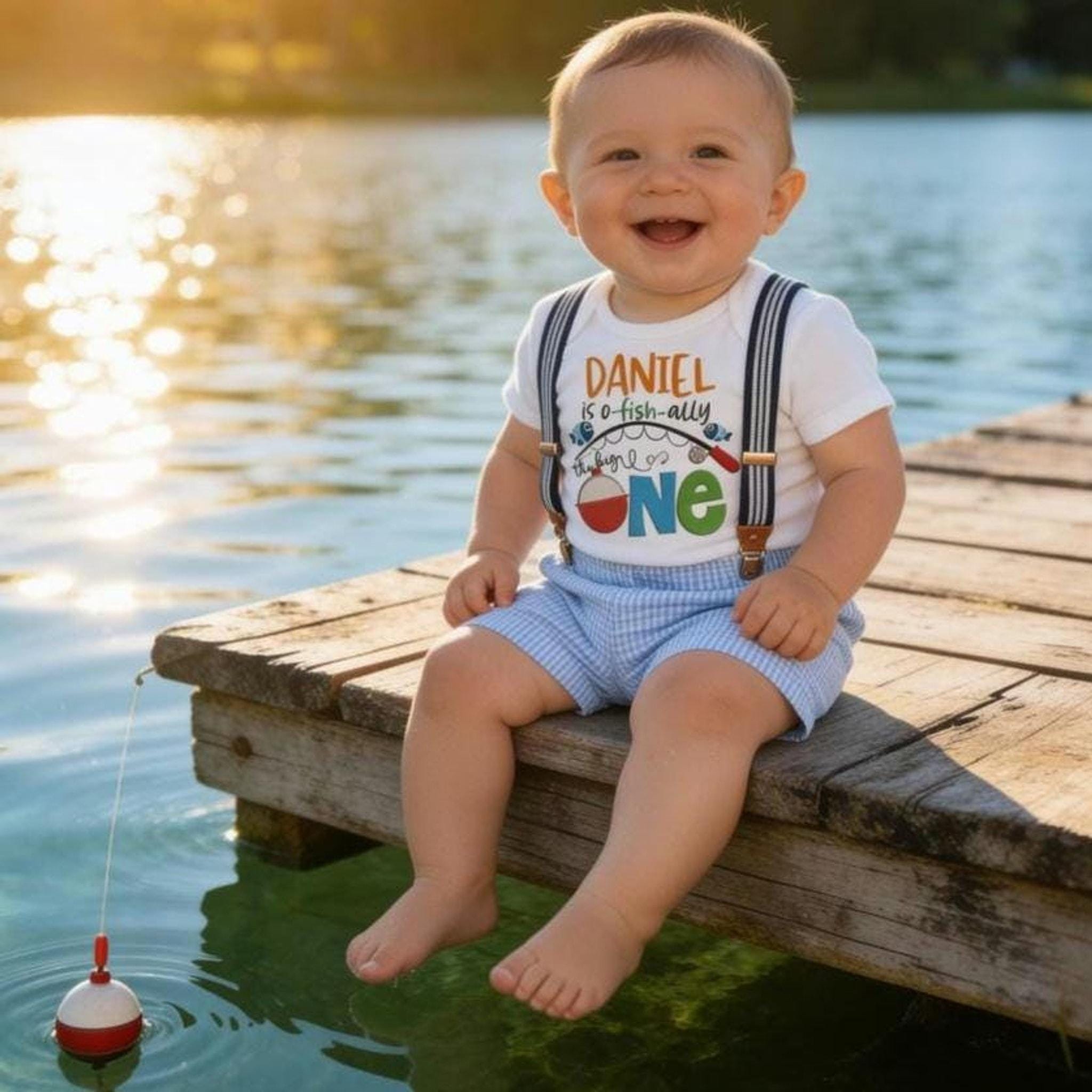 Boy Birthday Outfit, Personalized Bodysuit With Seersucker Shorts And Adjustable Suspenders