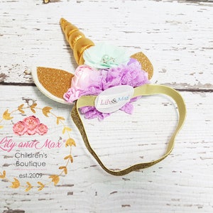 Unicorn headband, pastel colors and gold unicorn headband, unicorn party headband, gold glitter elastic unicorn headband image 6