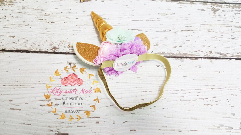 Unicorn headband, pastel colors and gold unicorn headband, unicorn party headband, gold glitter elastic unicorn headband image 6