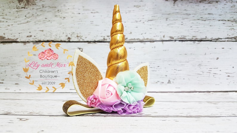 Unicorn headband, pastel colors and gold unicorn headband, unicorn party headband, gold glitter elastic unicorn headband image 1