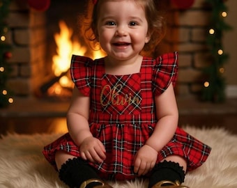 Plaid Christmas Romper Outfit: Ruffled Red Buffalo Plaid
