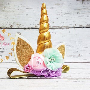 Unicorn headband, pastel colors and gold unicorn headband, unicorn party headband, gold glitter elastic unicorn headband image 3