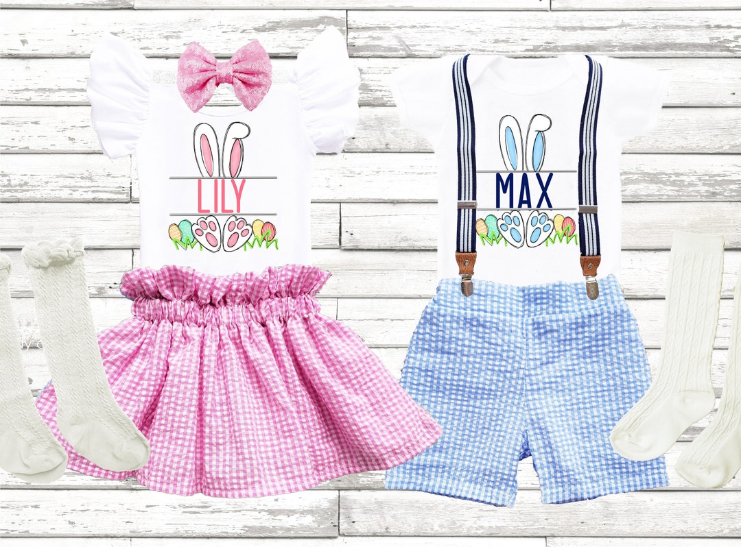Personalized Easter Girls Outfit, Easter Twins Bunny Seersucker Outfit