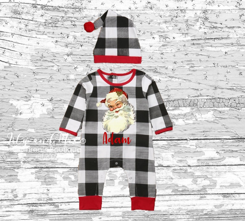 Christmas baby boy outfit, Vintage SANTA personalized plaid boy