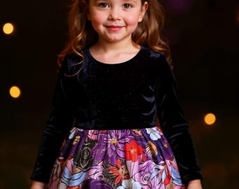 Vestido de terciopelo para Halloween: vestido floral de otoño con vuelo para niña