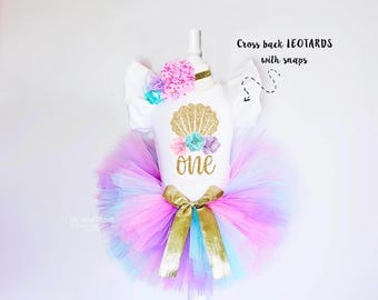 Tenue pour le 1er anniversaire : justaucorps coquillage sirène et tutu en tulle avec bandeau