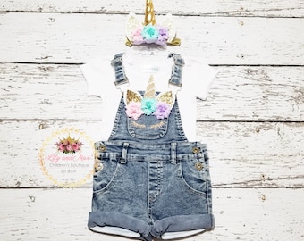 Unicorn Birthday Outfit, Unicorn headband, Unicorn denim overall set, Rainbow unicorn birthday denim outfit set, Unicorn denim Girls Costume