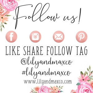 Puede incluir: S&iacute;guenos! Iconos de redes sociales para Facebook, Instagram, correo electr&oacute;nico y Pinterest. Me gusta, compartir, seguir y etiquetar @lilyandmaxco #lilyandmaxco www.lilyandmaxco.com