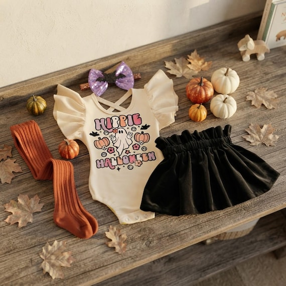 Halloween Skirt Set, Hippie Ghost Bodysuit with Sequin Headband