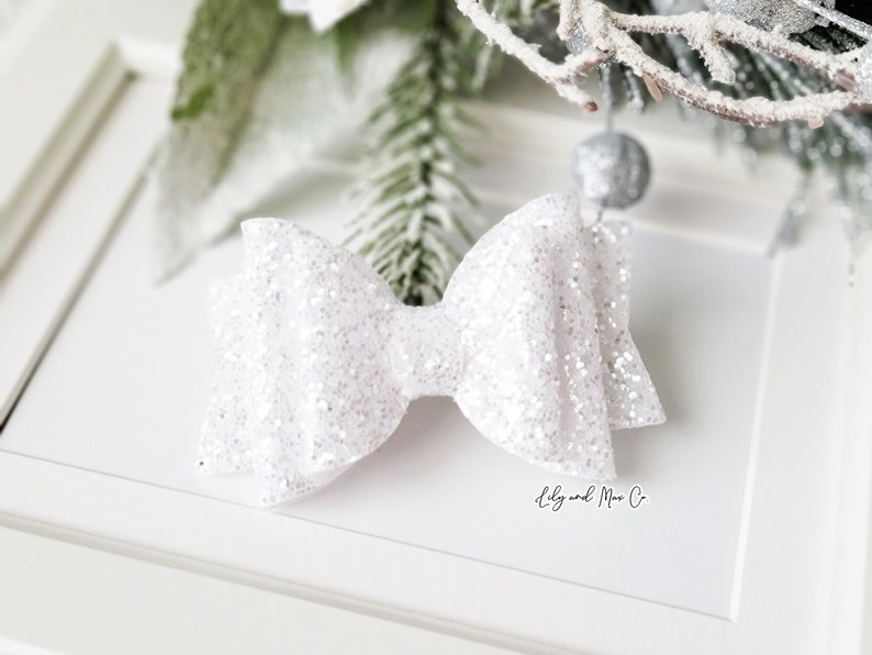 WHITE silver glitter leather bow alligator clip WHITE silver glitter bow clip GLITTER bow clips bow alligator clip Glitter bow clip