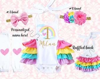 1st birthday Rainbow girl Outfit, Pastel rainbow romper, 1st birthday baby girl outfit, baby girl rainbow birthday outfit, rainbow birthday
