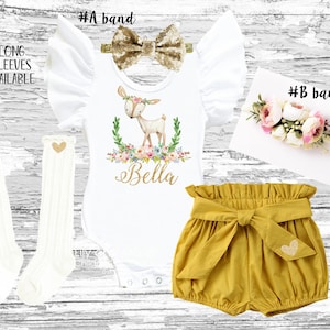 Personalized fawn woodland deer Girl Outfit, Deer birthday girls outfit leotard,1st birthday boho fawn woodland smash cake outfit
