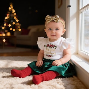 1st Christmas Girl Outfit: Floral Velvet Skirt Set image 3