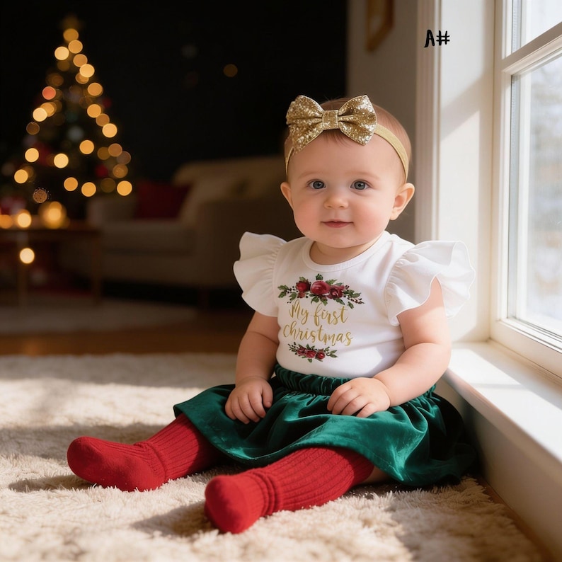 1st Christmas Girl Outfit: Floral Velvet Skirt Set image 3