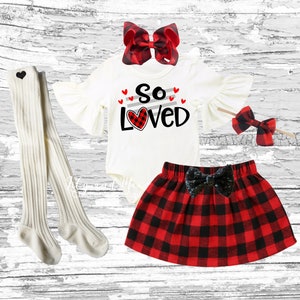 Valentine&#39;s baby girls Outfit, SO Loved Valentine&#39;s Day Christmas girls buffalo plaid skirt set, 1st Christmas outfit,  up to 6 YEARS old