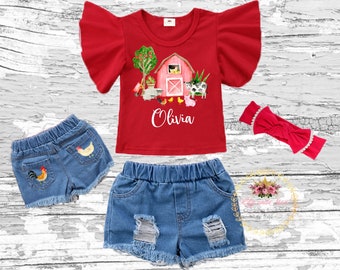 Farm animals denim birthday girl outfit, Farm birthday girls outfit, Farm animals birthday smash cake outfit