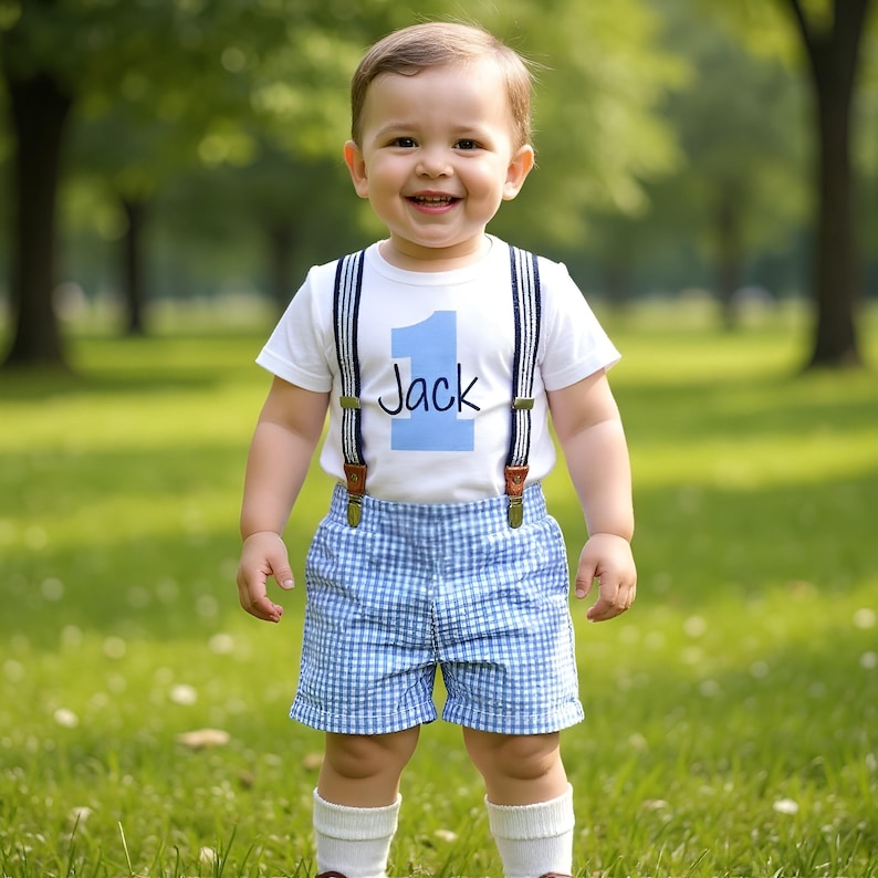 1st Birthday Boy Outfit: Seersucker Shorts, Bodysuit & Suspenders image 7
