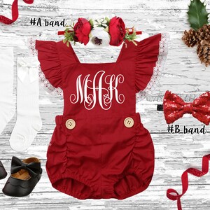 Christmas girl Outfit, Monogrammed baby romper, Christmas baby's girl outfit, Personalized baby girl Christmas outfit, red romper girls