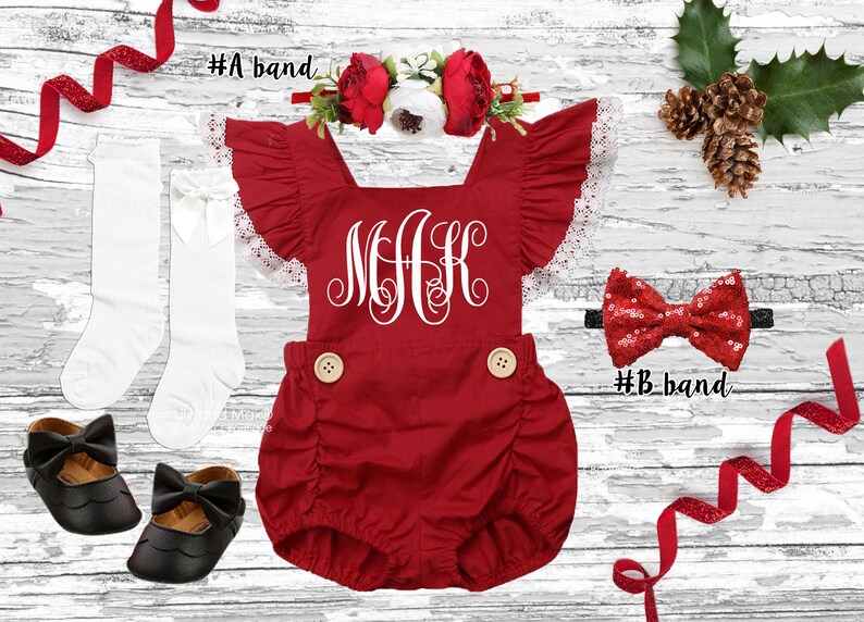 Christmas girl Outfit, Monogrammed baby romper, Christmas baby's girl outfit, Personalized baby girl Christmas outfit, red romper girls 