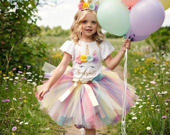 Unicorn Outfit, Rainbow Tulle Set with Personalized Girls' Top and Headbands