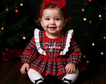 Christmas Baby Romper: Red Tartan plaid white lace Ruffle Outfit