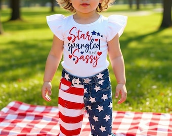 4th of July Outfit: Girls Denim flag Pants Set, Patriotic star bodysuit