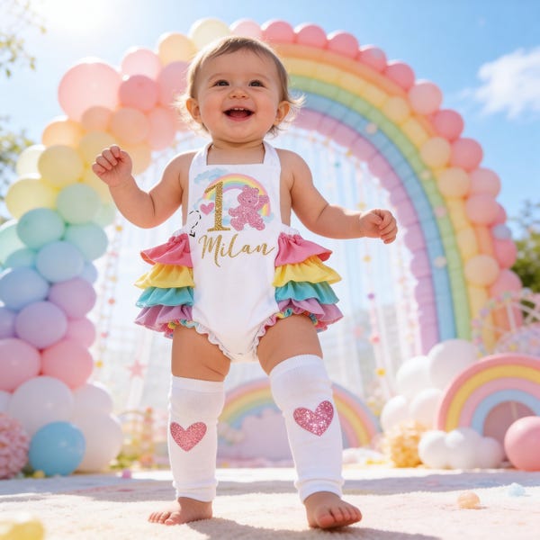 Bears Birthday Outfit, Rainbow Bear girls romper Smash Cake outfit