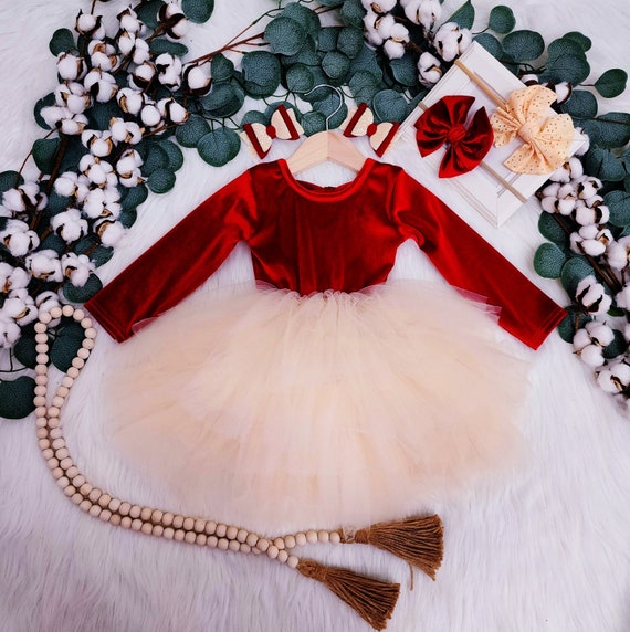 NEW Christmas Girl Dress Christmas RED VELVET Bow Back Top and Cream Baby Girl Dress Holiday Toddler Dress Girl Fluffy Cream Tutu Dress Etsy