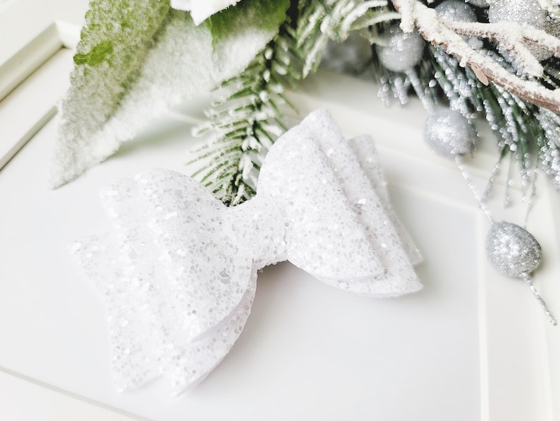 WHITE silver glitter leather bow alligator clip WHITE silver glitter bow clip GLITTER bow clips bow alligator clip Glitter bow clip