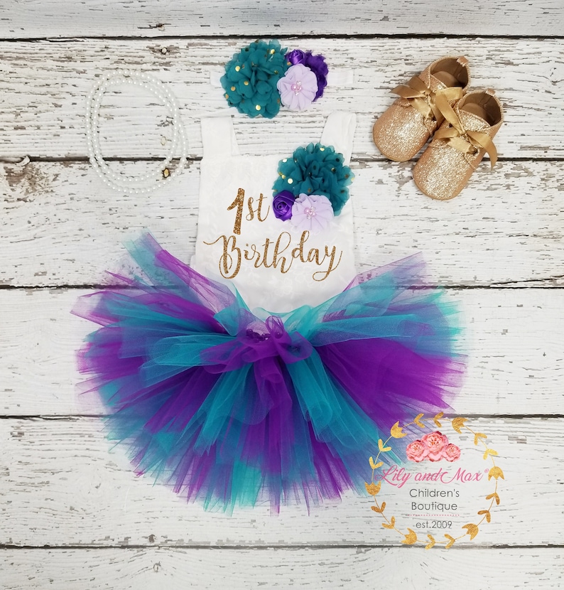 1st birthday Romper mermaid birthday tutu set 1st Birthday Outfit purple and teal tutu set first birthday smash cake outfit