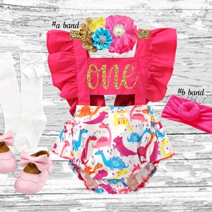 Dinosaur Birthday Romper Set: Ruffle Back, Headbands, Socks & Shoes