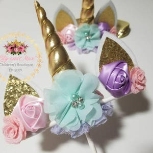 Unicorn headband, pastel colors and gold unicorn headband, unicorn party headband, gold glitter elastic unicorn headband image 6