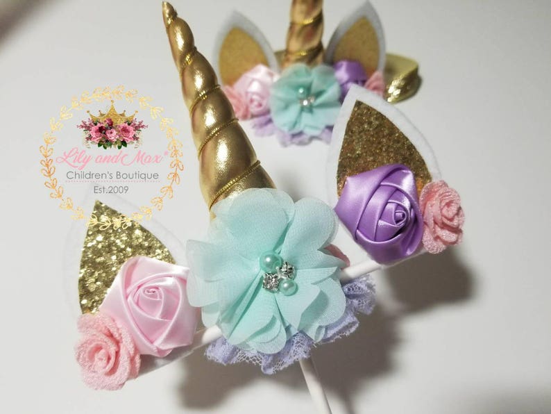 Unicorn headband, pastel colors and gold unicorn headband, unicorn party headband, gold glitter elastic unicorn headband image 6